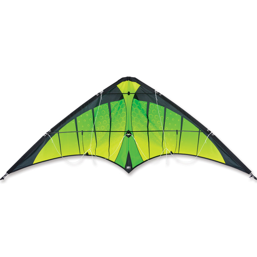Osprey Sport Kite measuring 60x26.5 in. with a vibrant neon design, soaring in the sky during a sunny day at the park.