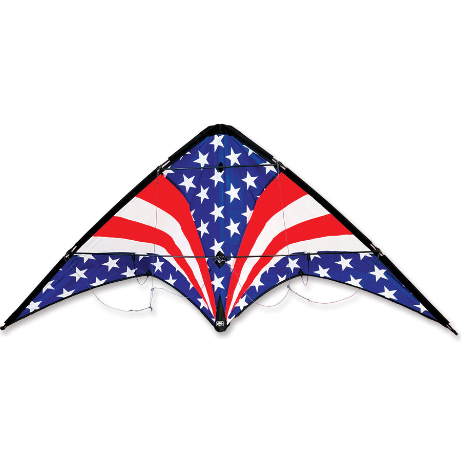 Osprey Sport Kite measuring 60x26.5 inches, designed in patriotic colors with ripstop polyester, flying in a clear sky.