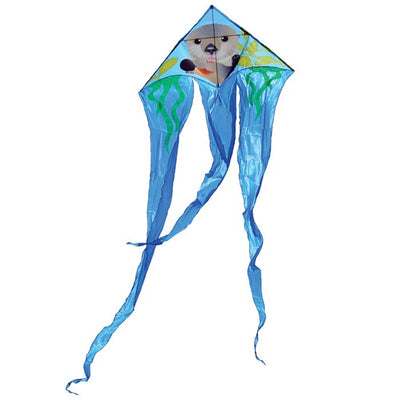 Otter 52' Wave Delta Kite with playful otter design soaring against a bright blue sky, showcasing its vibrant colors and flowing tails.