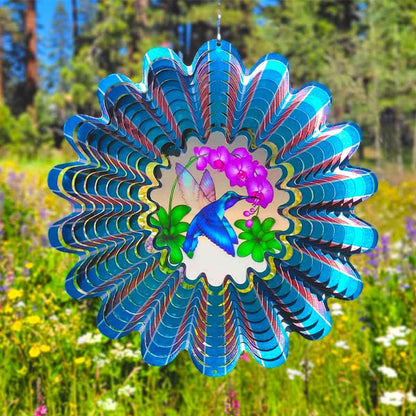 12" Animated Blue Hummingbird Wind Spinner with an acrylic lenticular disc, powder-coated stainless steel, and flying hummingbird design for outdoor décor.