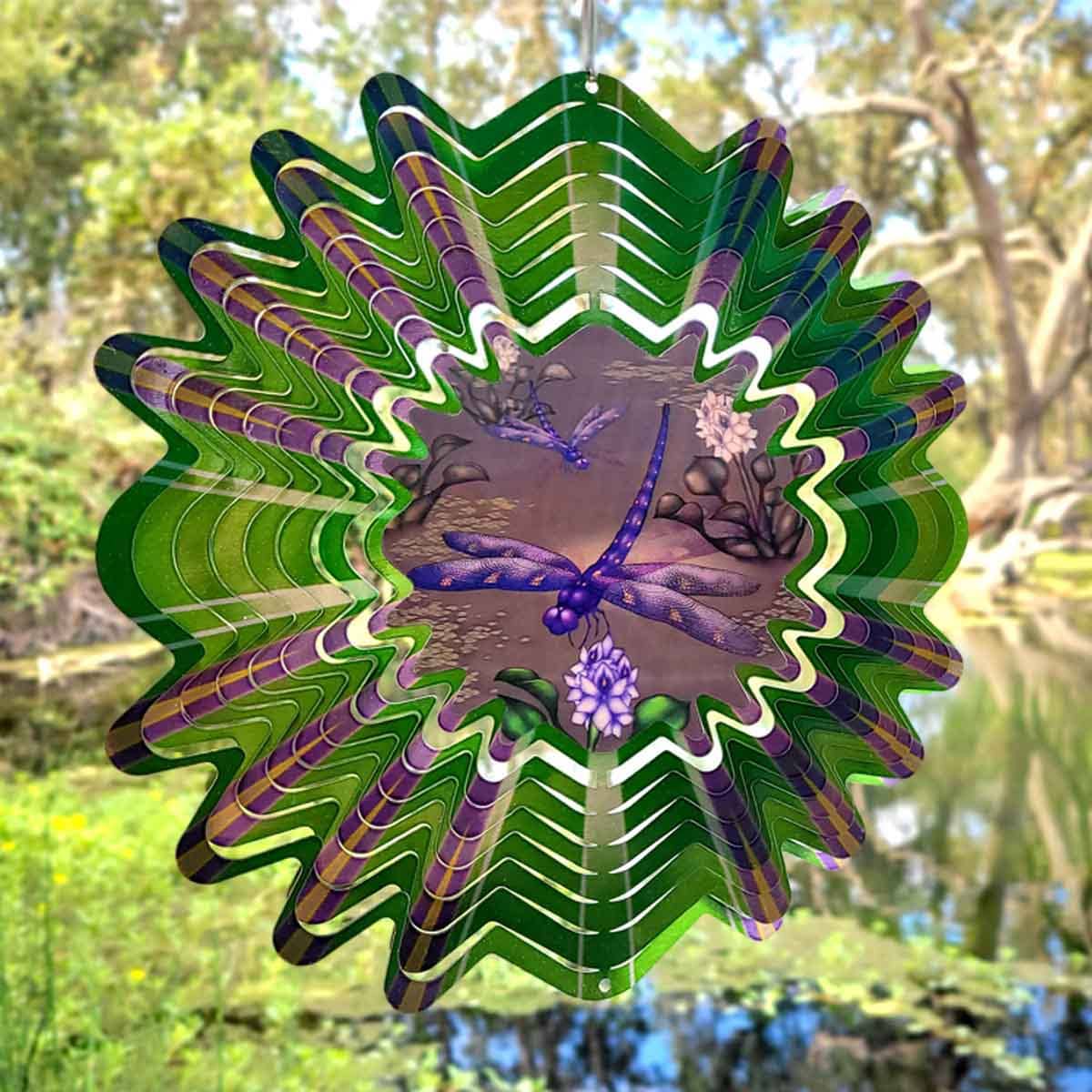 12" Animated Dragonfly Wind Spinner with an acrylic lenticular disc, durable stainless steel, and dynamic dragonfly design for outdoor décor.