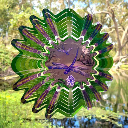 12" Animated Dragonfly Wind Spinner with an acrylic lenticular disc, durable stainless steel, and dynamic dragonfly design for outdoor décor.