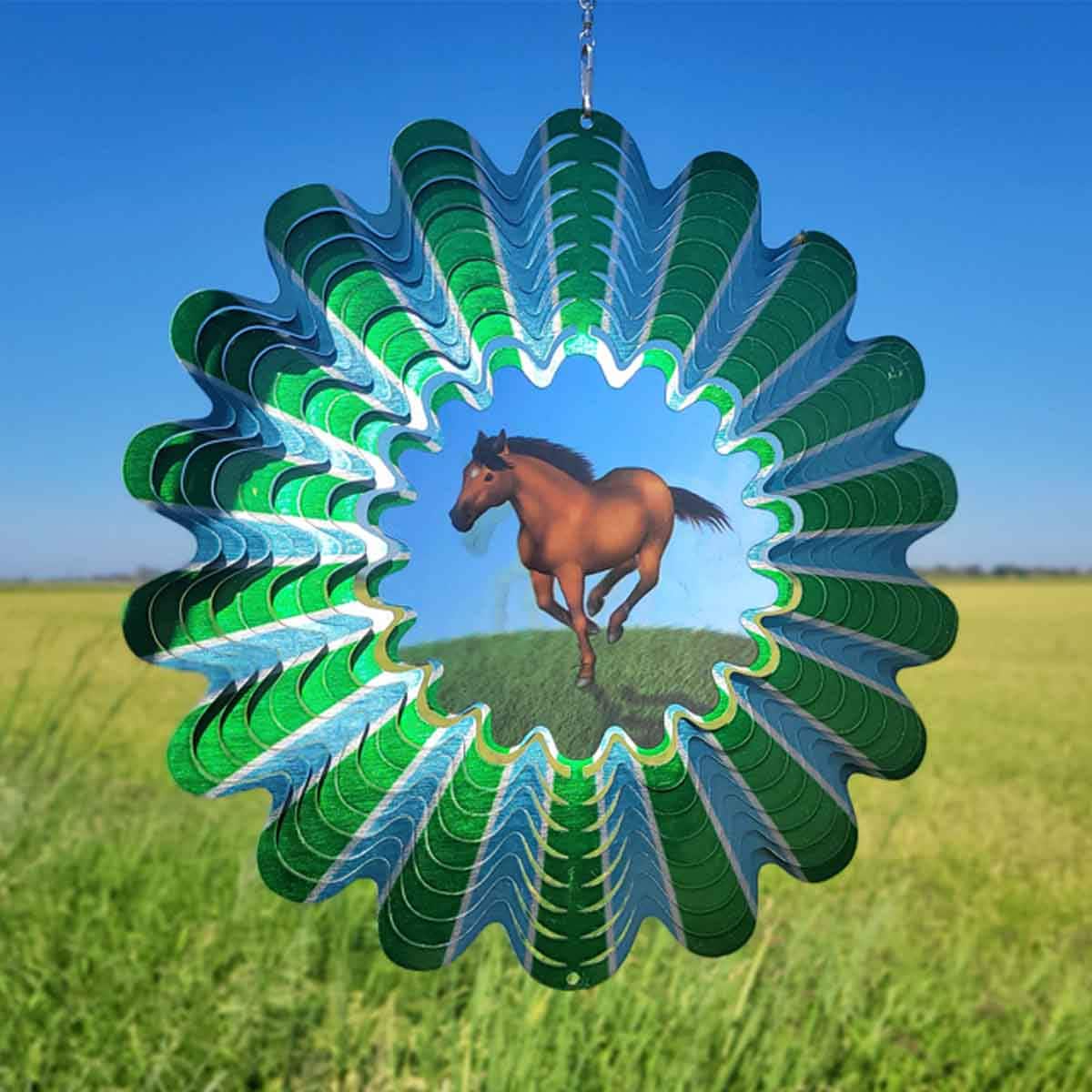 12" Animated Horse Wind Spinner with an acrylic lenticular disc, powder-coated stainless steel, and dynamic galloping horse design for outdoor décor.
