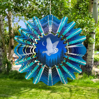 12" Animated Snowy Owl Wind Spinner with an acrylic lenticular disc, powder-coated stainless steel, and flying owl design for elegant outdoor décor.