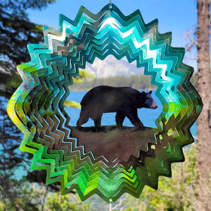 12" Bear Wind Spinner made from powder-coated stainless steel, featuring a rugged bear design and dynamic motion for outdoor décor.