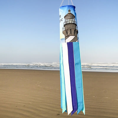 The Outer Banks 40" Windsock showcases a colorful lighthouse design with eight fluttering tails, perfect for adding a coastal touch to any outdoor space.