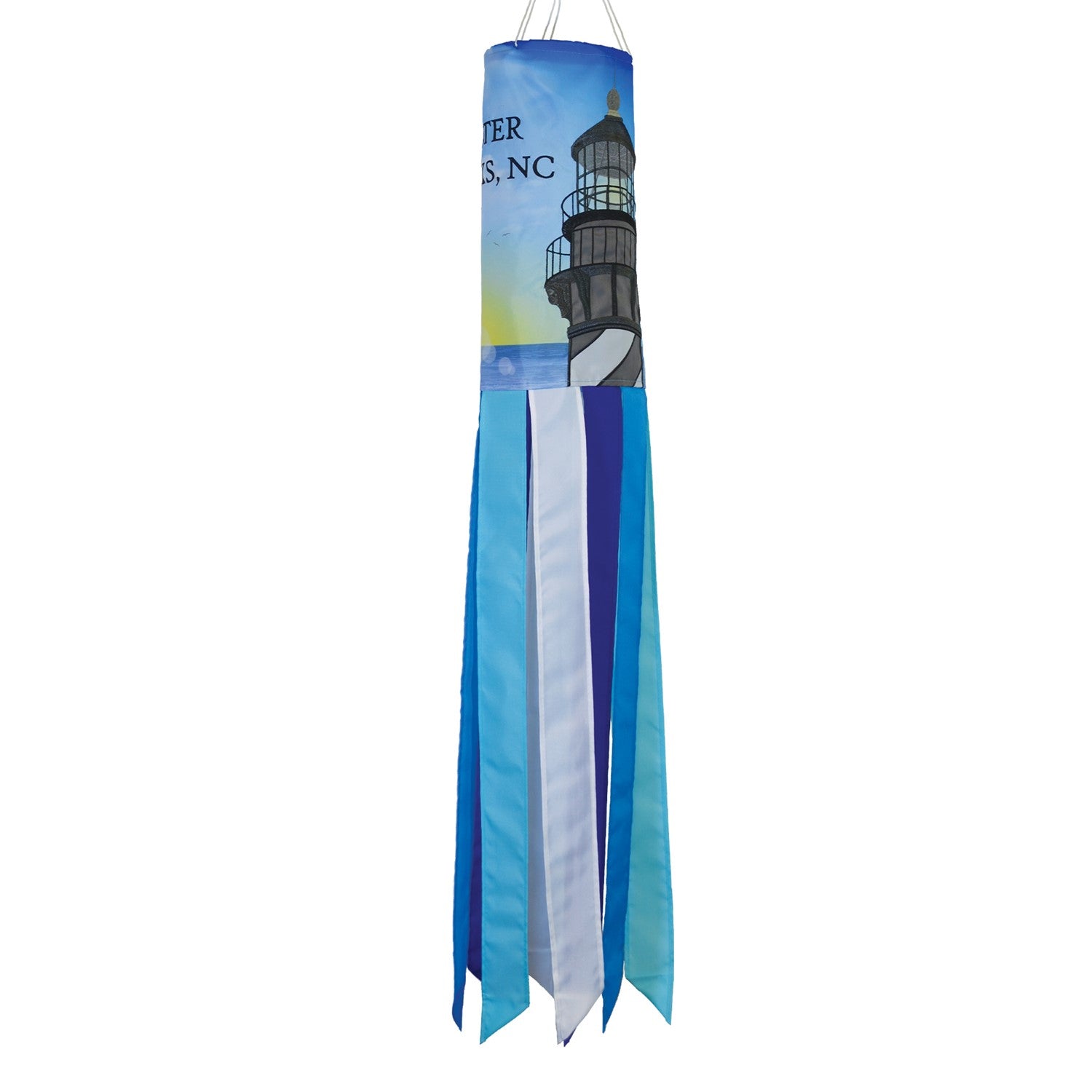 The Outer Banks 40" Windsock showcases a colorful lighthouse design with eight fluttering tails, perfect for adding a coastal touch to any outdoor space.