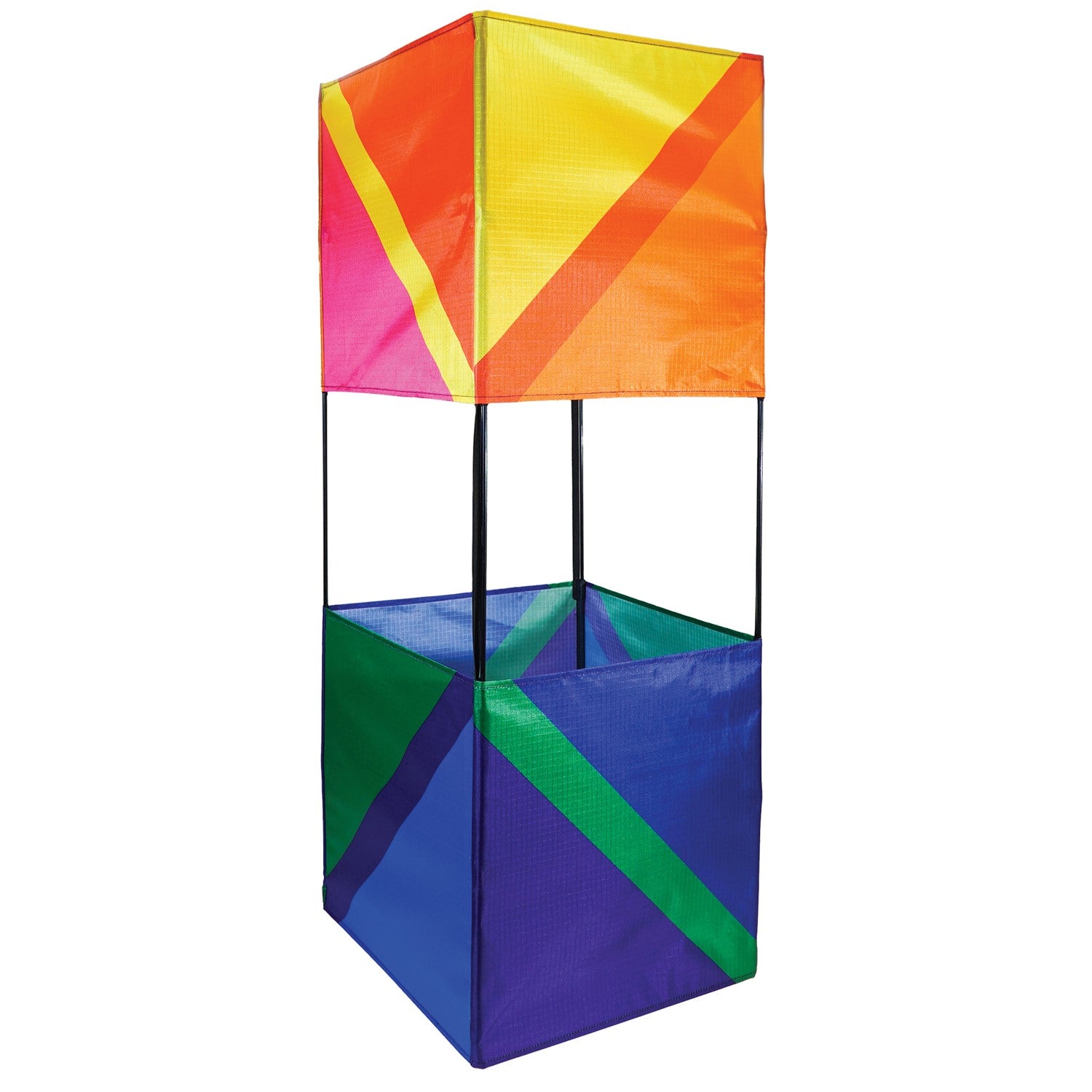 Pacific Double Box Kite showing vibrant design in outdoor setting, illustrating its stable flight and weather-resistant fabric construction.