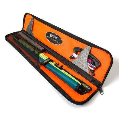 4-D Superlight sport kite with ultralight sail, microcarbon frame, 58-inch wingspan, Dyneema lines, and three colorways for zero to light wind flying.