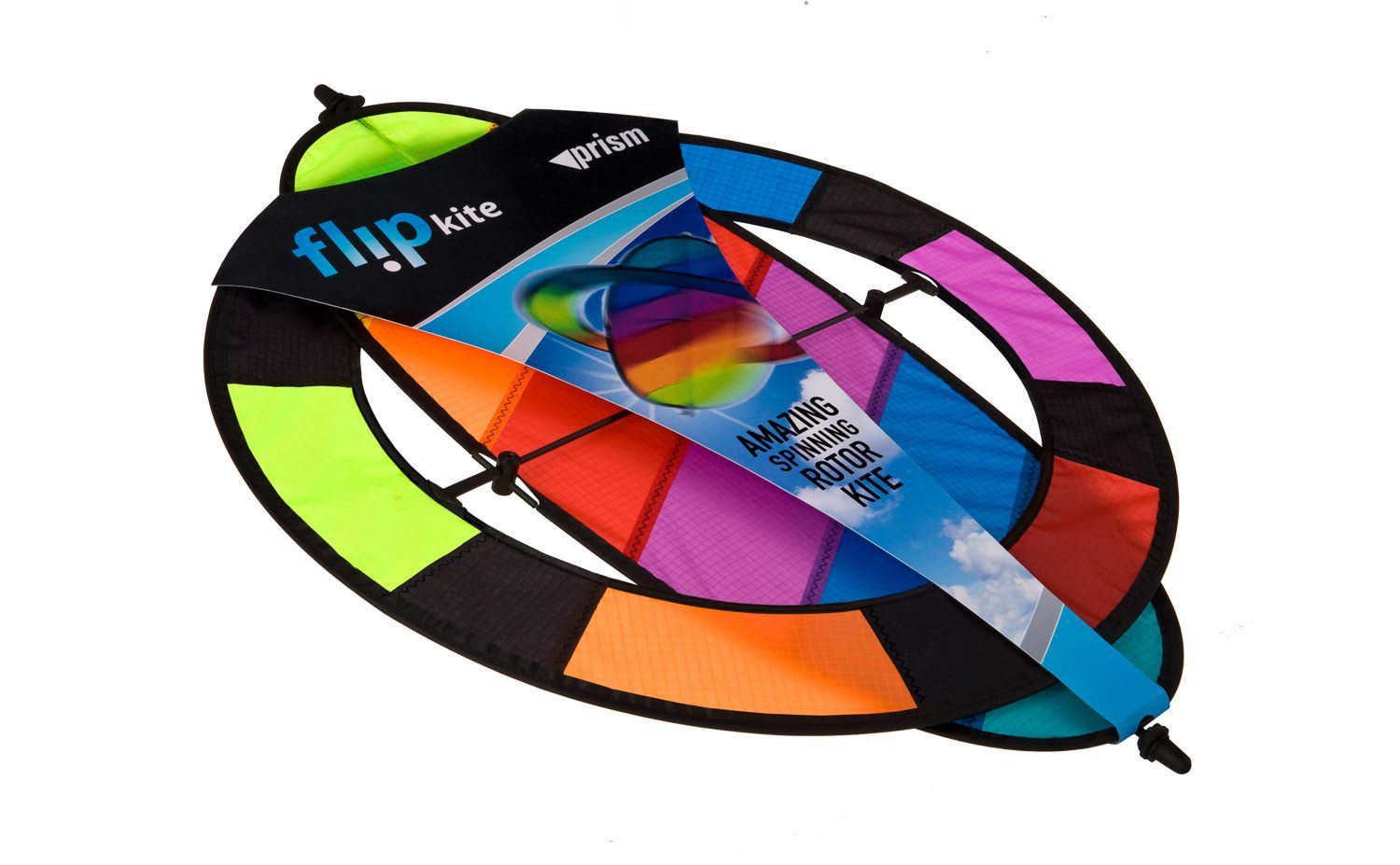 Prism Flip Kite with rotating wing design, Magnus Effect lift, included flying line, and flat-folding construction for easy transport and unique wind-powered motion.