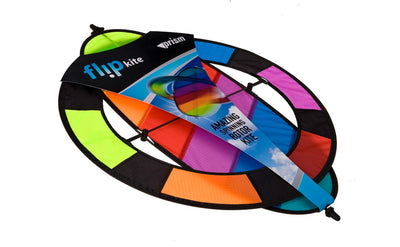 Prism Flip Kite with rotating wing design, Magnus Effect lift, included flying line, and flat-folding construction for easy transport and unique wind-powered motion.
