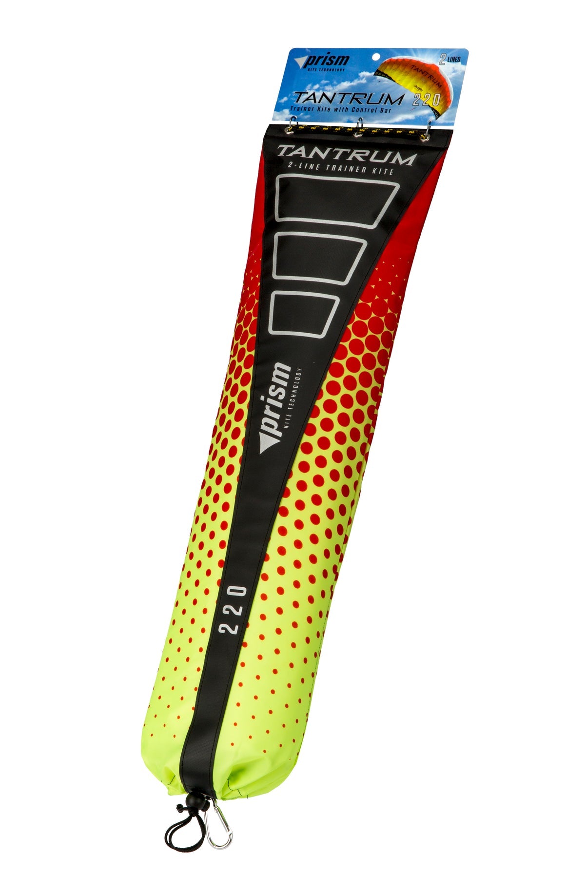 Prism Tantrum 220 dual-line parafoil kite with bar control, low-drag airfoil, Dyneema lines, and safety leash for high-speed traction flying.