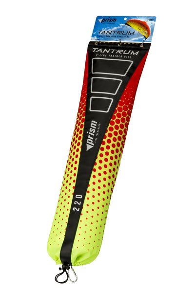 Prism Tantrum 220 dual-line parafoil kite with bar control, low-drag airfoil, Dyneema lines, and safety leash for high-speed traction flying.