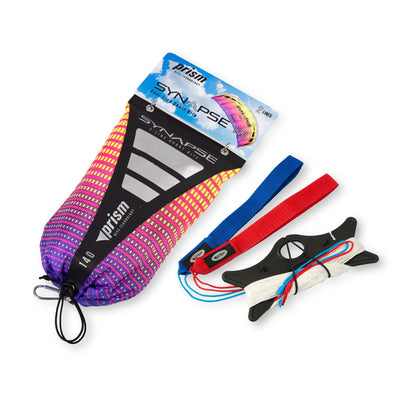 Synapse 140 dual-line stunt kite in Plasma and Cilantro colors with frameless fabric sail, 53-inch wingspan, and complete ready-to-fly line set.