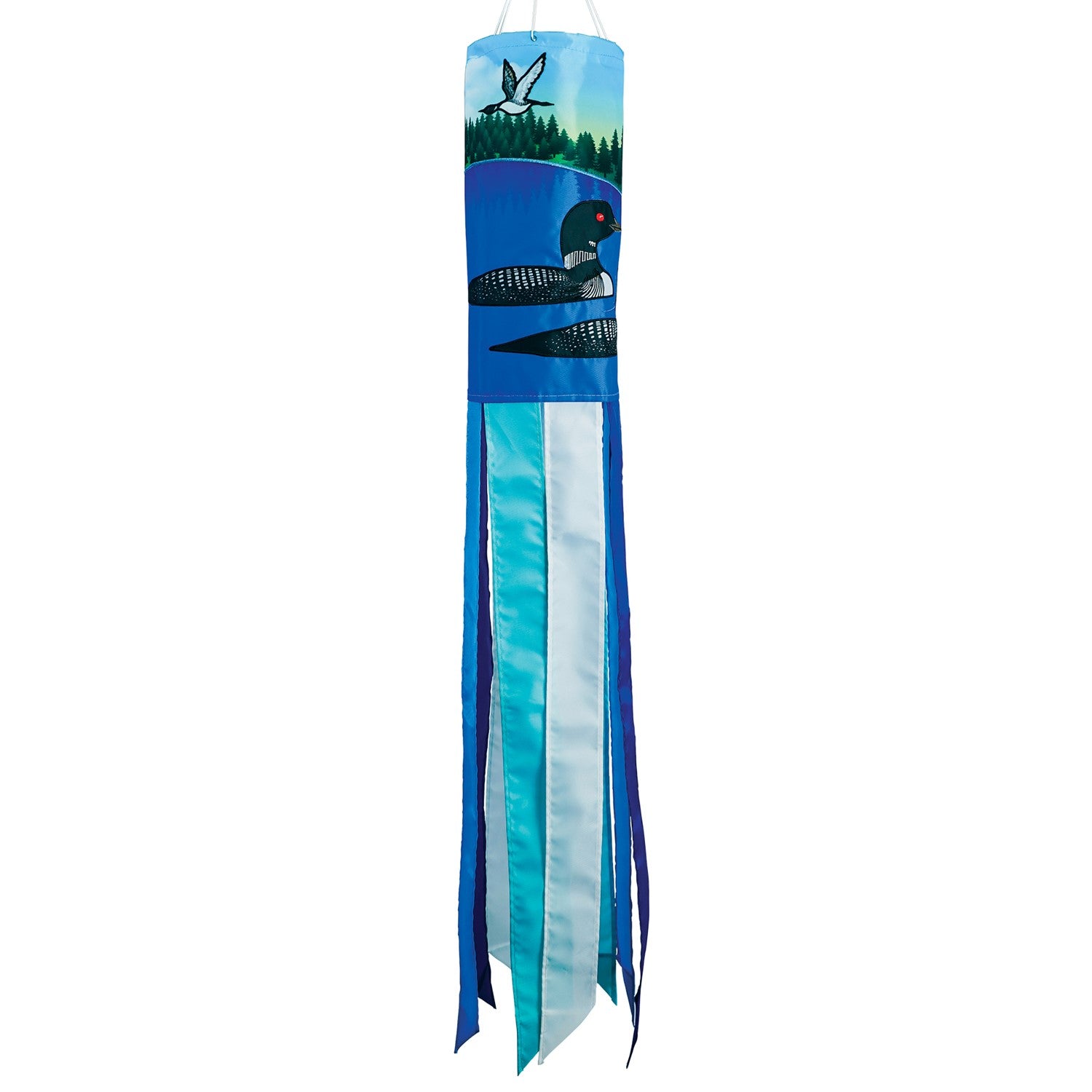 Pair of Loons 40-inch Inspiration Windsock displayed outdoors, featuring bright colors, detailed loons, and fluttering tails in a serene garden setting.
