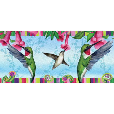 Paisley Hummingbird windsock in vibrant colors hanging outdoors, featuring traditional design and fluttering gracefully in the wind.