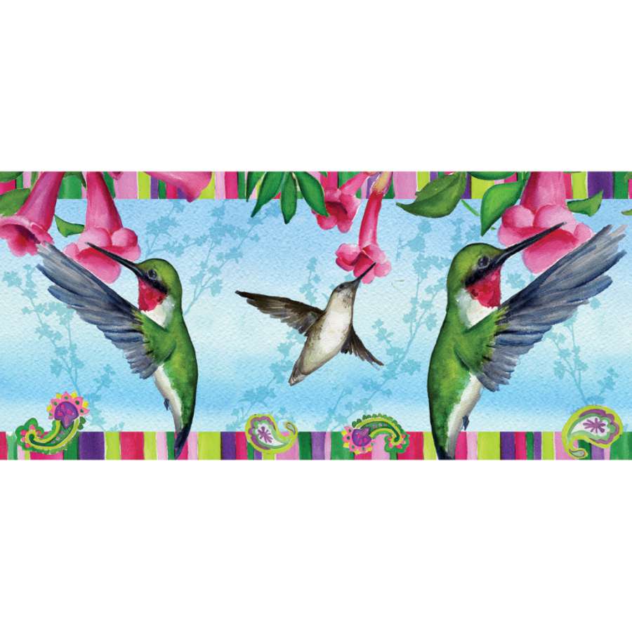 Paisley Hummingbird windsock in vibrant colors hanging outdoors, featuring traditional design and fluttering gracefully in the wind.