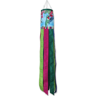 Paisley Hummingbird windsock in vibrant colors hanging outdoors, featuring traditional design and fluttering gracefully in the wind.