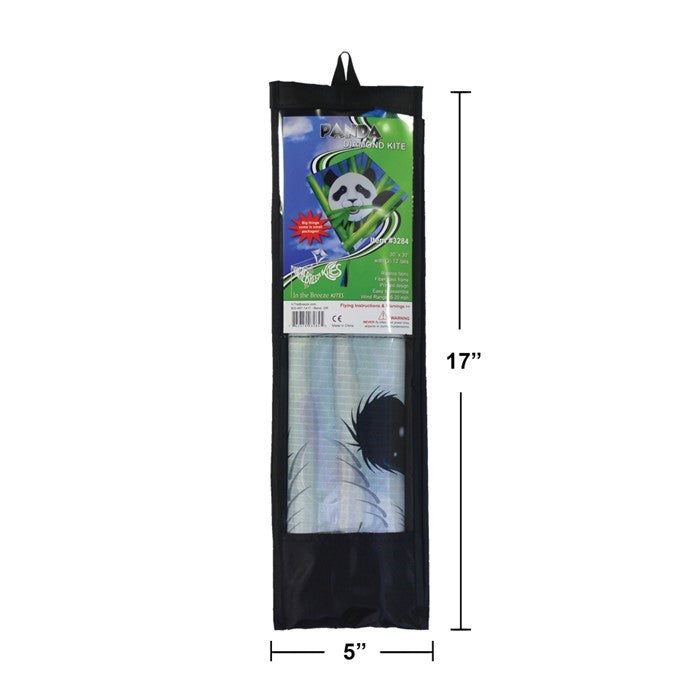 Panda 30" Diamond Kite flying high in a clear blue sky, showcasing its vibrant panda bear design and colorful tails, perfect for outdoor fun.