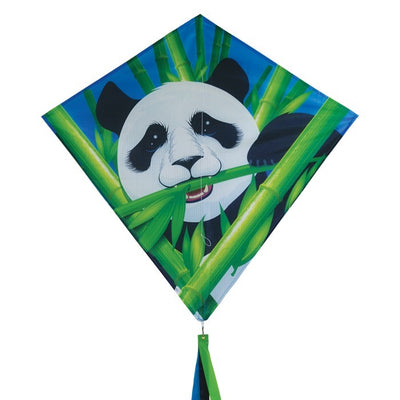 Panda 30" Diamond Kite flying high in a clear blue sky, showcasing its vibrant panda bear design and colorful tails, perfect for outdoor fun.