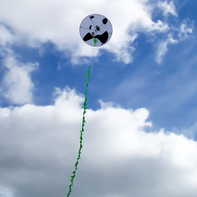 Panda Round Kite floating in the sky with a vibrant panda design and green bamboo-themed split tail, set against a bright blue backdrop.