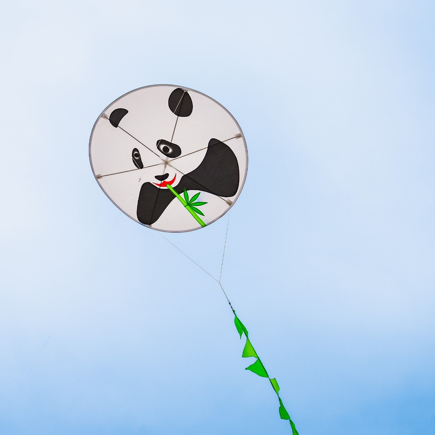 Panda Round Kite floating in the sky with a vibrant panda design and green bamboo-themed split tail, set against a bright blue backdrop.
