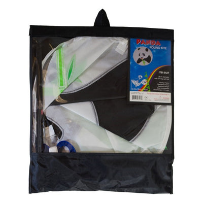 Panda Round Kite floating in the sky with a vibrant panda design and green bamboo-themed split tail, set against a bright blue backdrop.