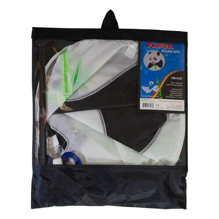 Panda Round Kite floating in the sky with a vibrant panda design and green bamboo-themed split tail, set against a bright blue backdrop.