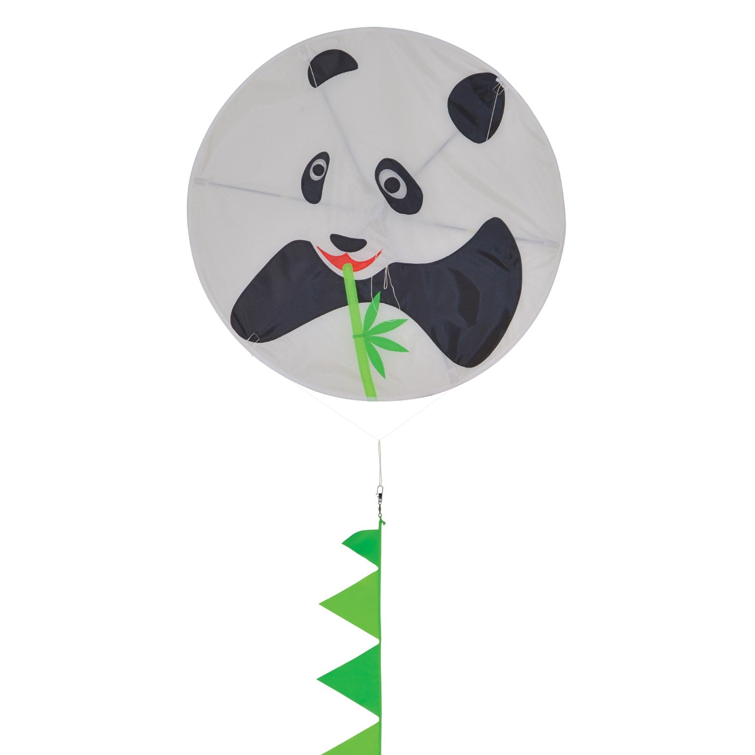 Panda Round Kite floating in the sky with a vibrant panda design and green bamboo-themed split tail, set against a bright blue backdrop.