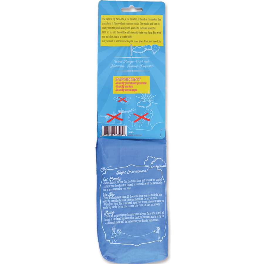 Para-Kite 2, a lightweight 24x20 frameless foil kite in vibrant colors with an eye-catching tail, soaring in the sky during outdoor fun.