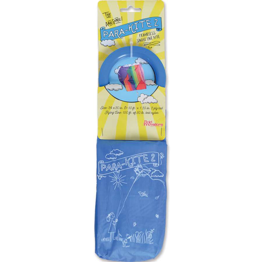 Para-Kite 2, a lightweight 24x20 frameless foil kite in vibrant colors with an eye-catching tail, soaring in the sky during outdoor fun.
