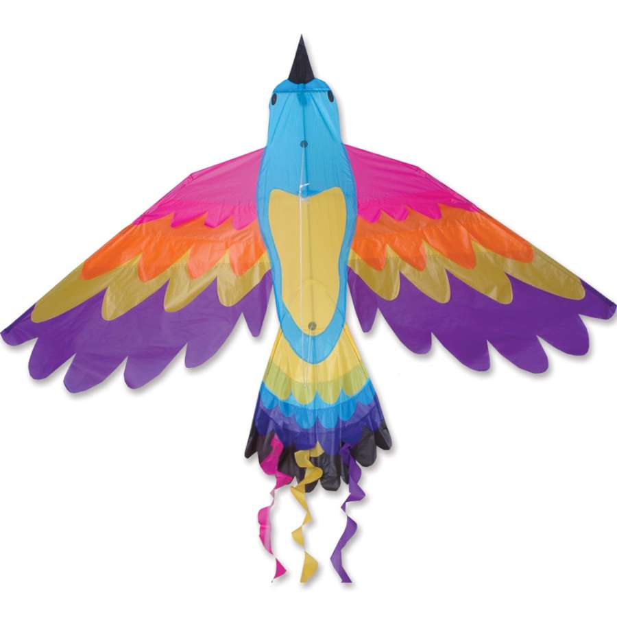 Paradise Bird Kite in colorful design, 70x36 inches, soaring high against a clear blue sky, showcasing its intricate bird detailing.