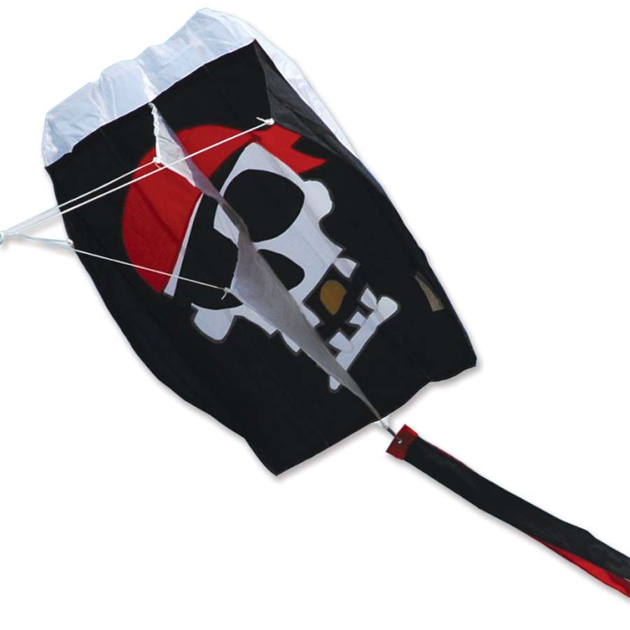 Parafoil 2 Pirate kite soaring in a blue sky, showcasing vibrant graphics and a frameless design, measuring 13 x 21 inches.