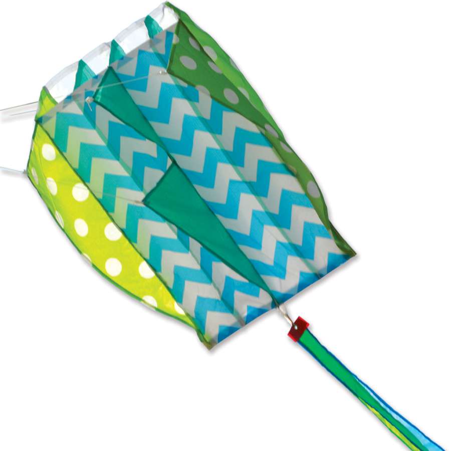 Parafoil 2 kite in vibrant colors being flown in the sky, showcasing its unique frameless design and compact size of 13 x 21 inches.