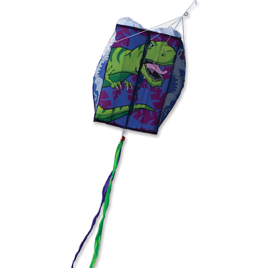 Parafoil 2 Kite - T-Rex flying in a blue sky, measuring 13x21 inches, showcasing a vibrant dinosaur design perfect for outdoor fun.