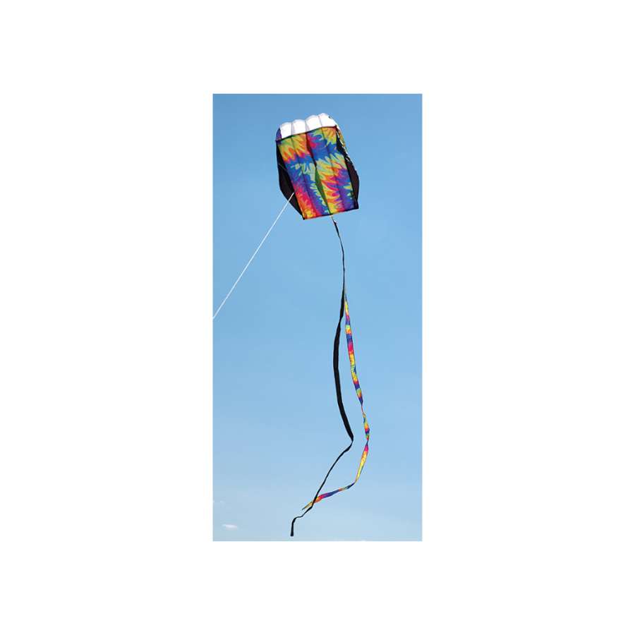 Tie-dye Parafoil 2 Kite with vibrant colors flying against a clear sky, demonstrating its lightweight design and portability.