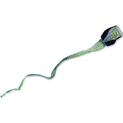 Parafoil 2 Travel Kite in Green Chevron flying high in the sky with a 22-foot banner tail, ideal for outdoor adventures.