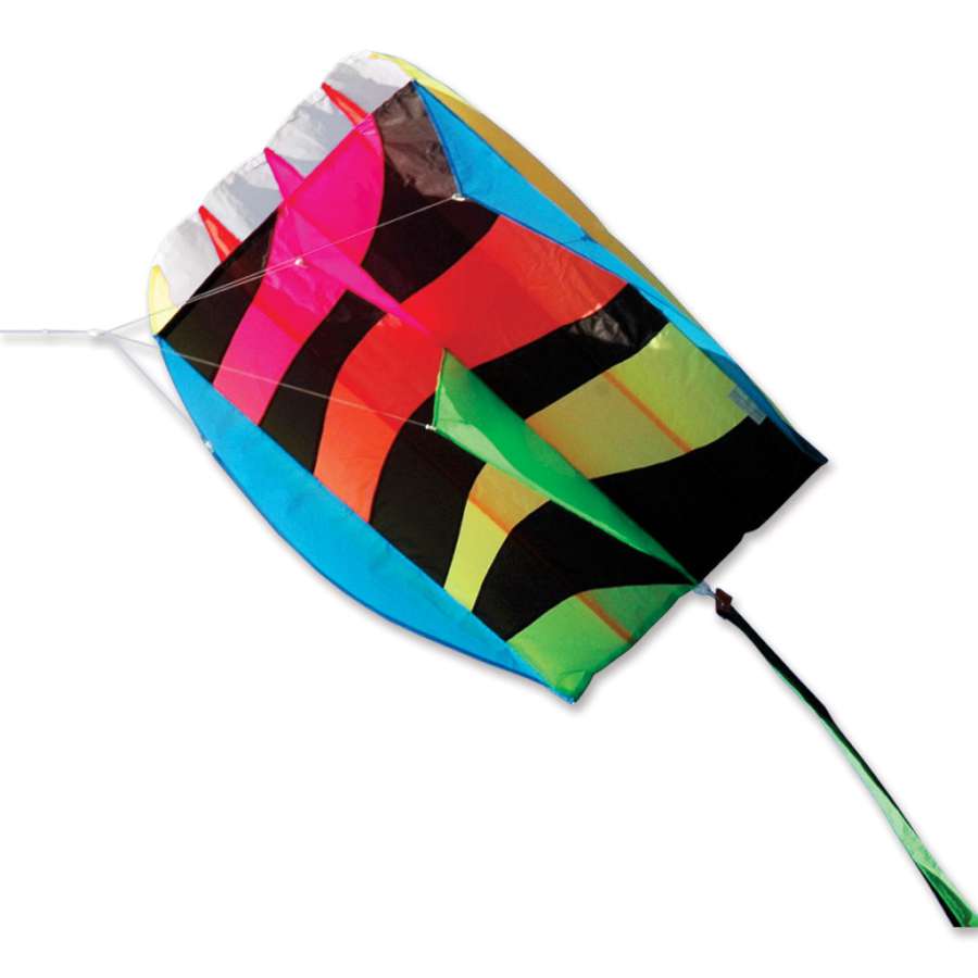 Neon Parafoil 5 Kite in the sky, measuring 20x32 inches, showcasing its bright colors and 5-streamer tail while flying outdoors.