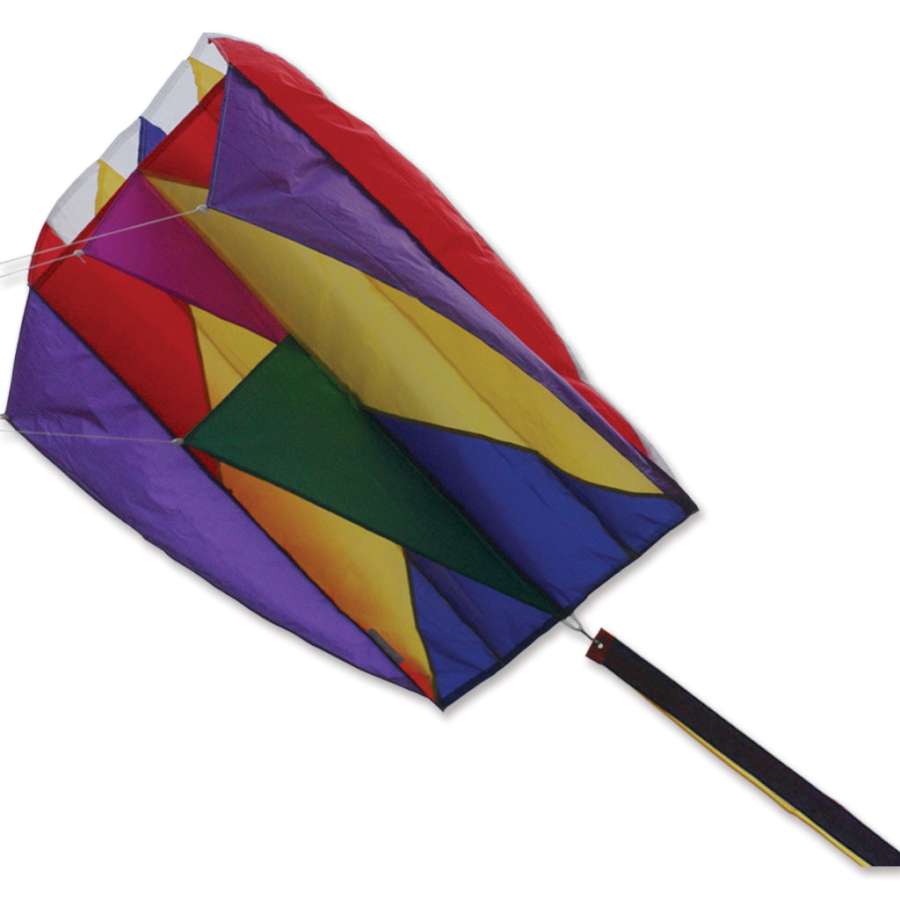 Parafoil 5 Kite in rainbow colors flying against a clear blue sky, measuring 20 x 32 inches, showcasing its vibrant design and streamer tail.