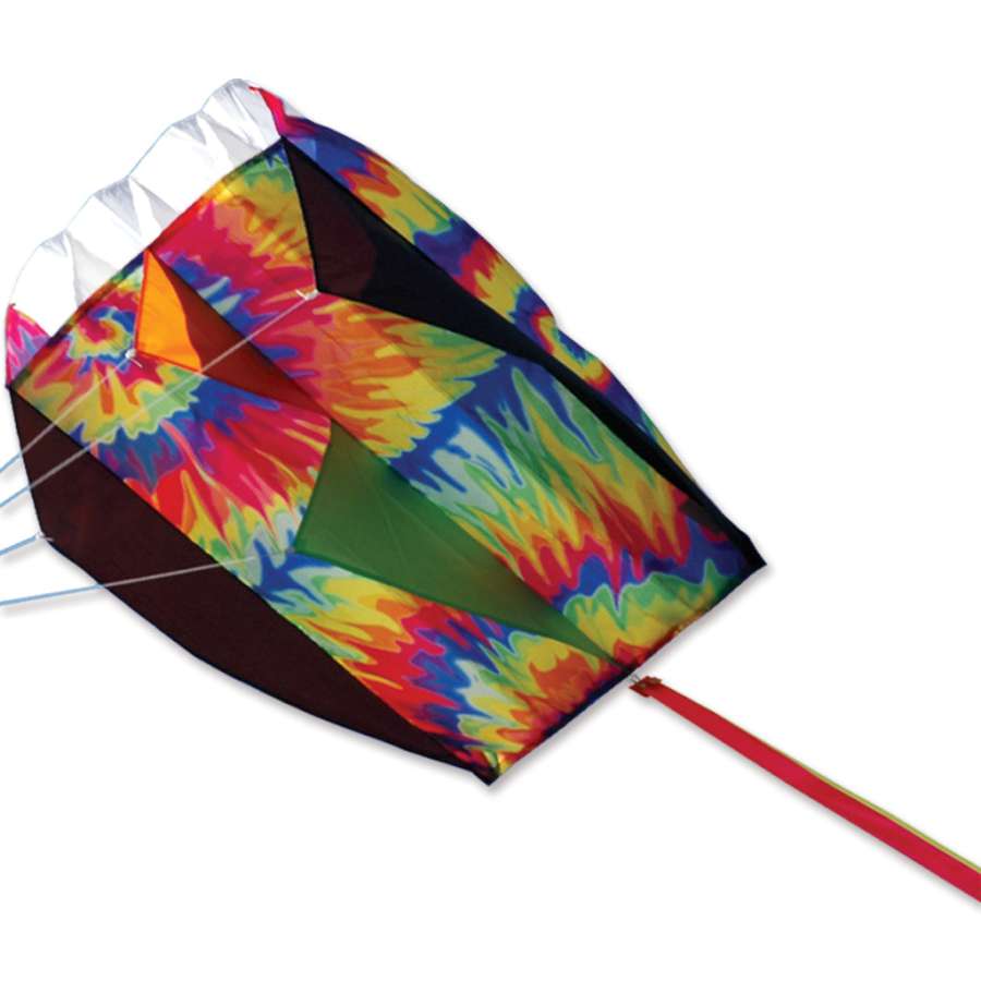 Colorful tie-dye Parafoil 5 Kite measuring 20x32 inches captured soaring high in the sky with a 5-streamer tail, showcasing vivid colors.