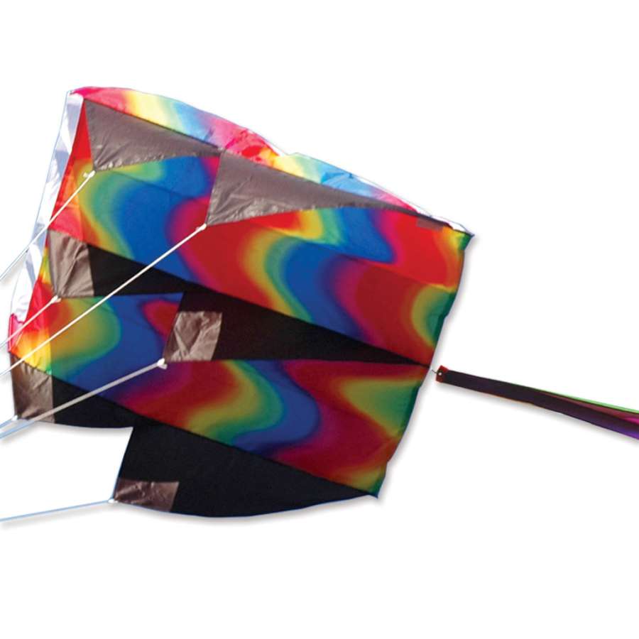 Parafoil 7.5 Kite in Wavy Gradient design soaring in the sky, measuring 28 x 38 inches, with its nylon carrying case beside it.