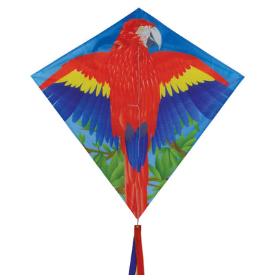 Parrot 30" Diamond Kite featuring colorful macaw design, easily flying in the sky, showcasing its vibrant tails and durable materials for outdoor fun.