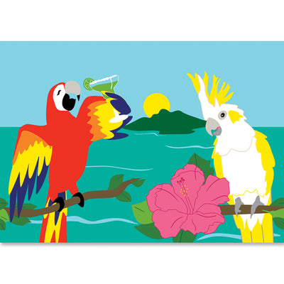 Vibrant Parrot and Cockatoo Party windsock measuring 40 inches, featuring colorful embroidered appliques hanging outdoors in a garden setting.