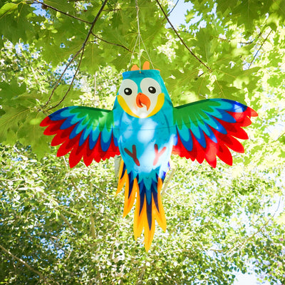 Colorful Parrot Windsock with outstretched wings gracefully hanging outdoors, bringing vibrancy to the garden decor.