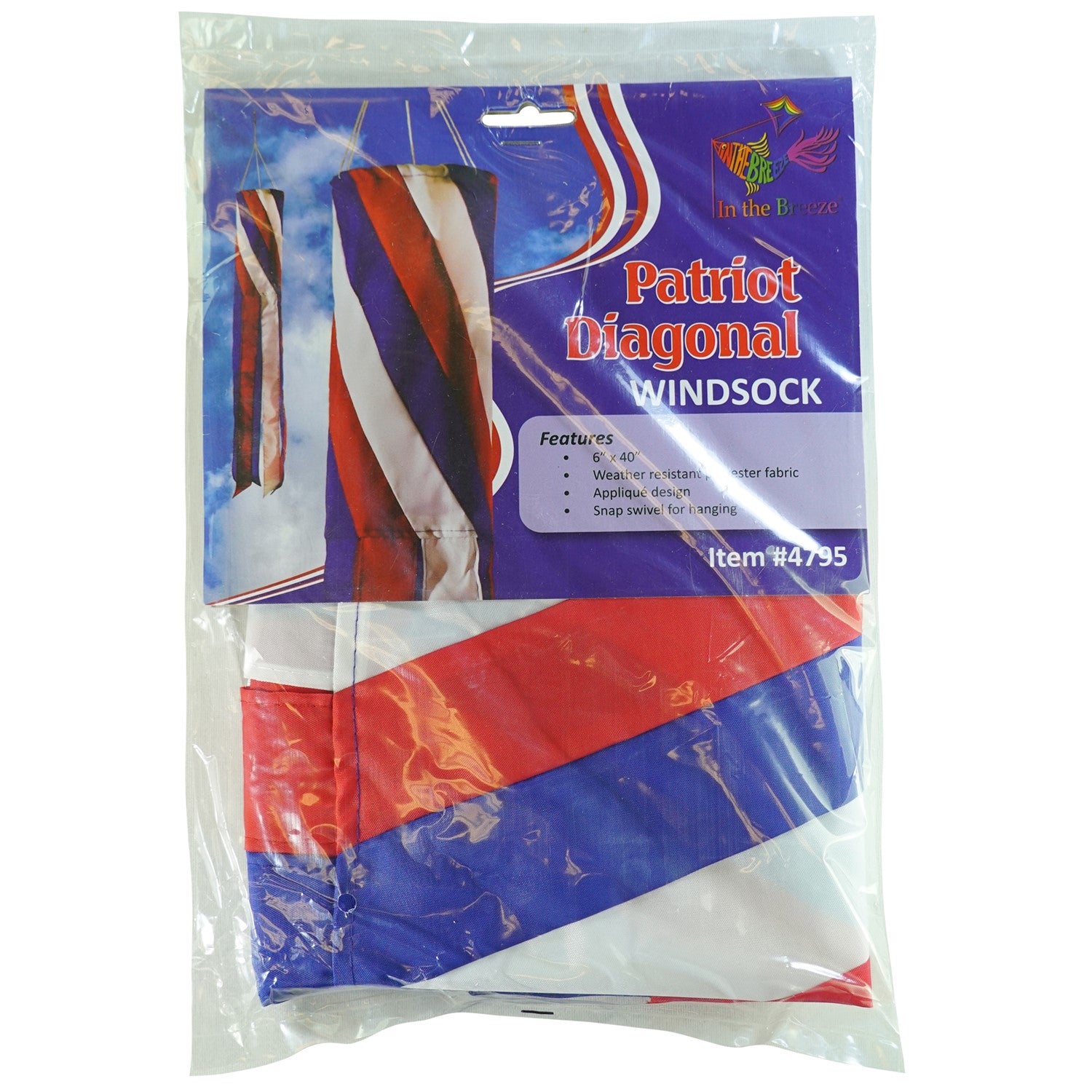 Patriot Diagonal 40'' Windsock featuring red, white, and blue colors with fluttering tails, displayed outdoors, embodying patriotic spirit.
