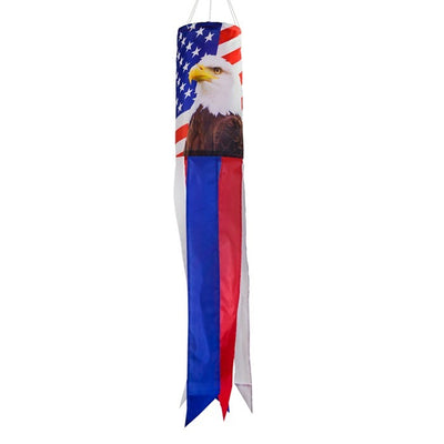 Patriot Eagle 30\" Windsock showcasing a vibrant bald eagle and stars and stripes design hanging in a garden setting.