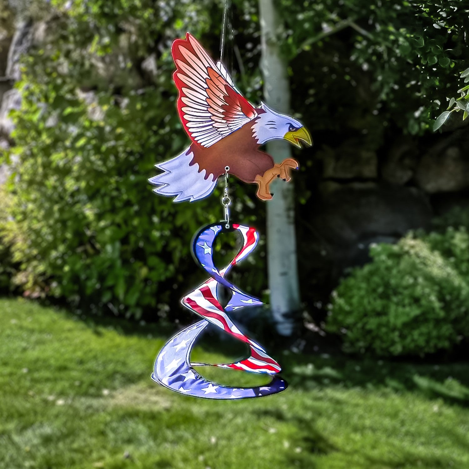 Patriot Eagle Theme Duet features a 3D Bald Eagle with flexible wings and a spinning duet in a colorful design for garden display.