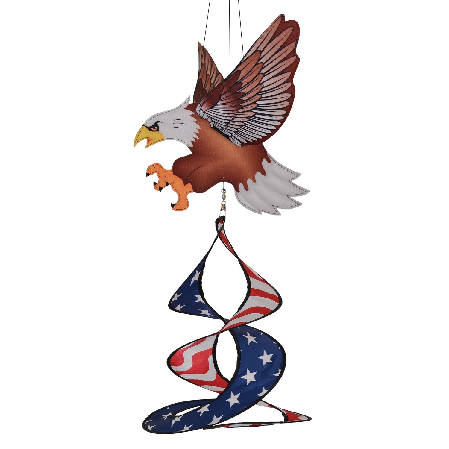 Patriot Eagle Theme Duet features a 3D Bald Eagle with flexible wings and a spinning duet in a colorful design for garden display.