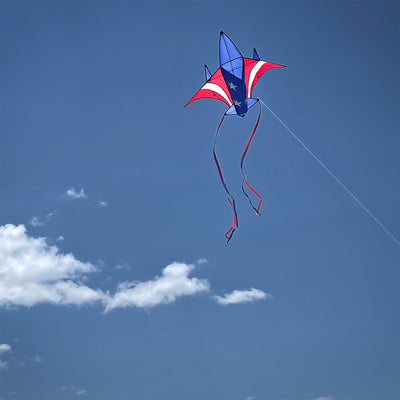 Patriot Jet Kite soaring in the sky with a red, white, and blue stars and stripes design, ready for family fun and outdoor activities.