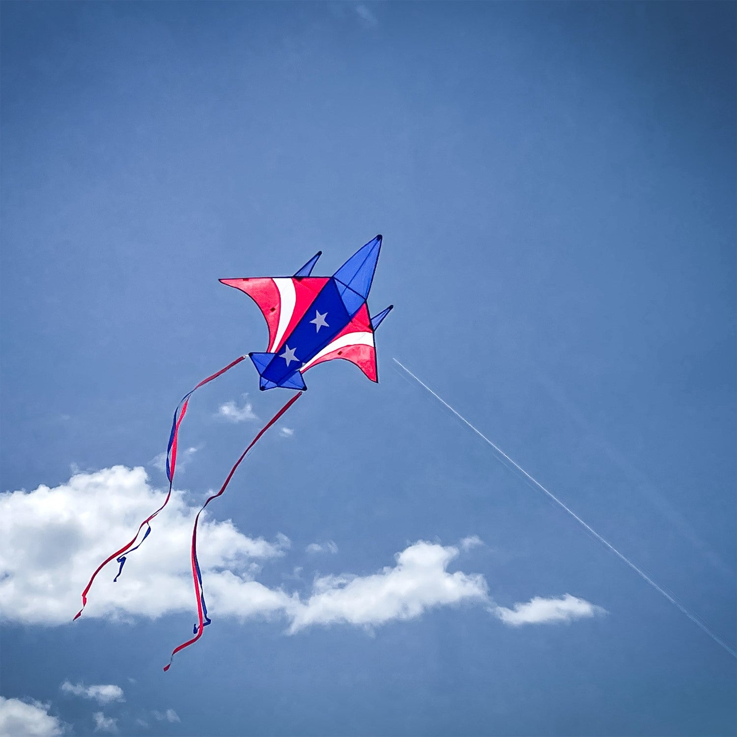 Patriot Jet Kite soaring in the sky with a red, white, and blue stars and stripes design, ready for family fun and outdoor activities.